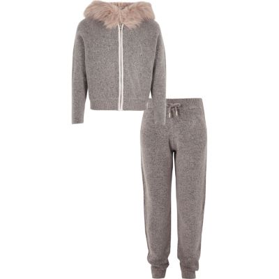 Girls grey zip hoodie and jogger outfit
